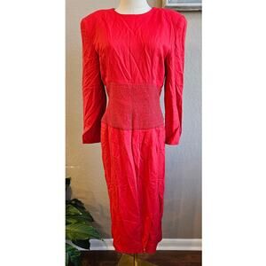 VTG Marie St. Claire Women Emb Applique Waist Long Sleeve Midi Dress Size 10 Red